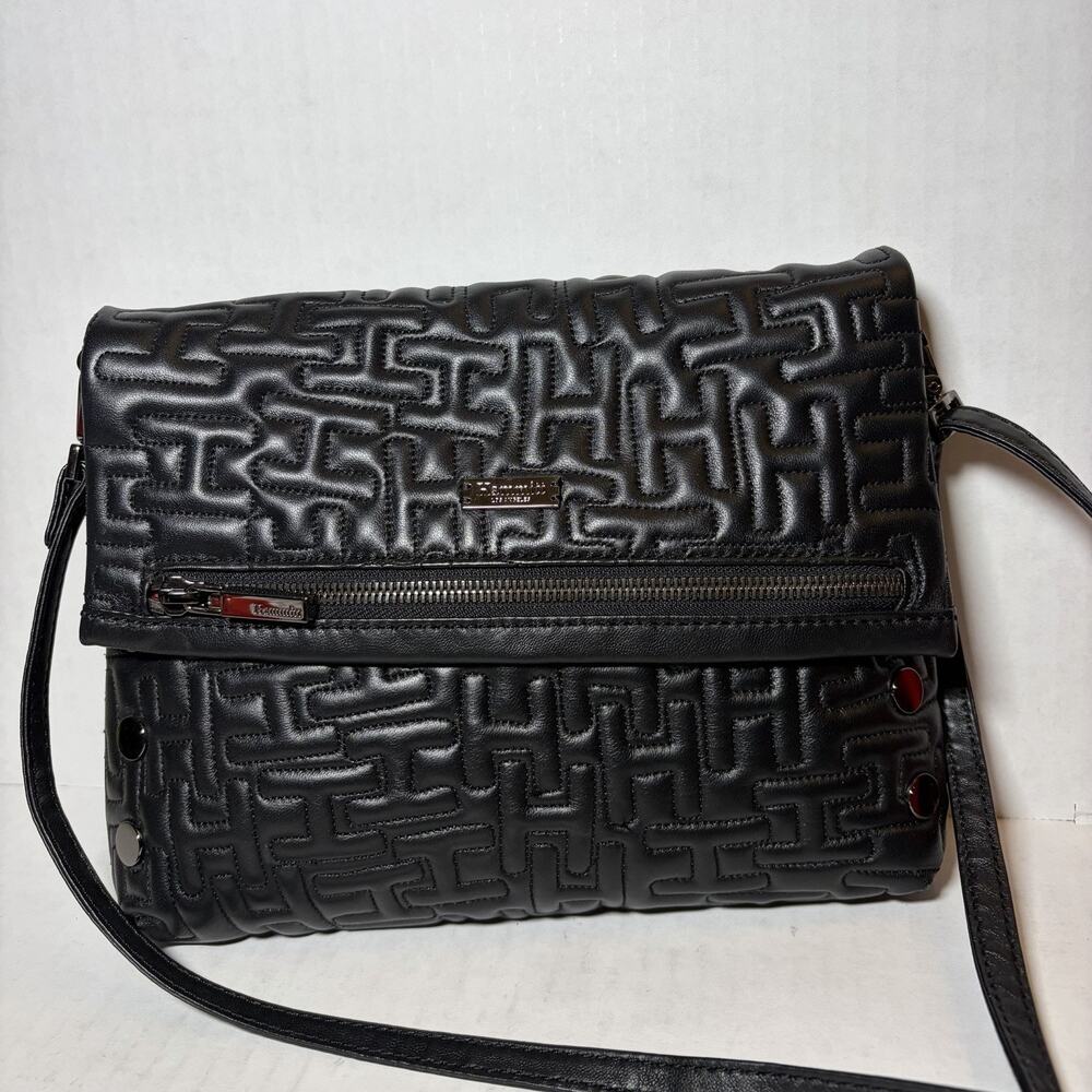 Hammitt VIP Medium Black Embossed Leather Foldover Crossbody Bag Gunmetal